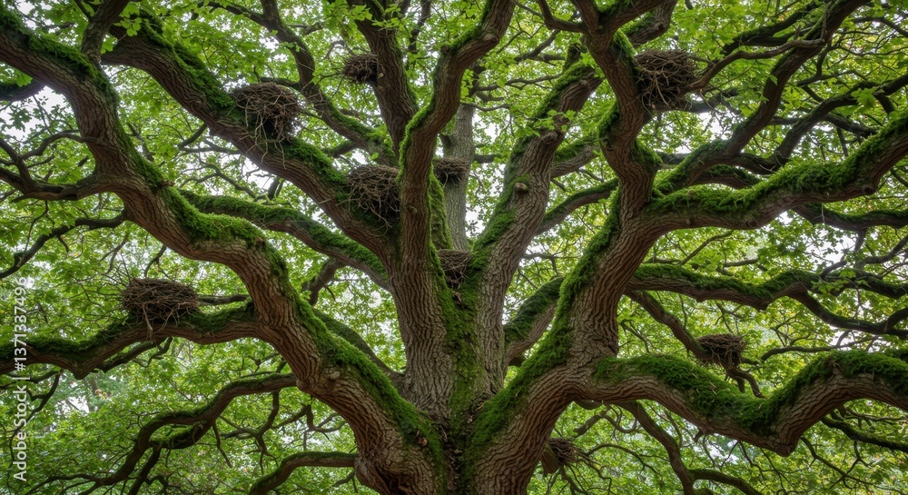 Ancient Moss-Covered Oak Tree with Bird Nests A Majestic View of Nature's Timeless Beauty