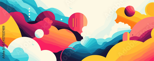 Colorful abstract cloudscape with fluid shapes and bold patterns in vector