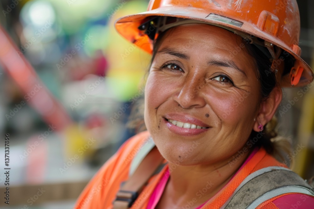 Smiling portrait of a Hispanic female construction worker working on a construction site in Los Angeles Smiling portrait of a Hispanic female construction worker working on a construction site in Los Angeles