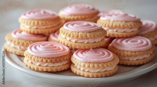 Mauritian napolitaines sandwich cookies pink icing arranged neatly on white ceramic dish