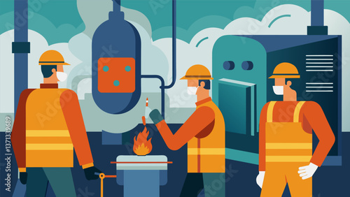 A closeup view of the hot and steamy boiler room with workers in protective gear monitoring the intense heat and pressure.. Vector illustration