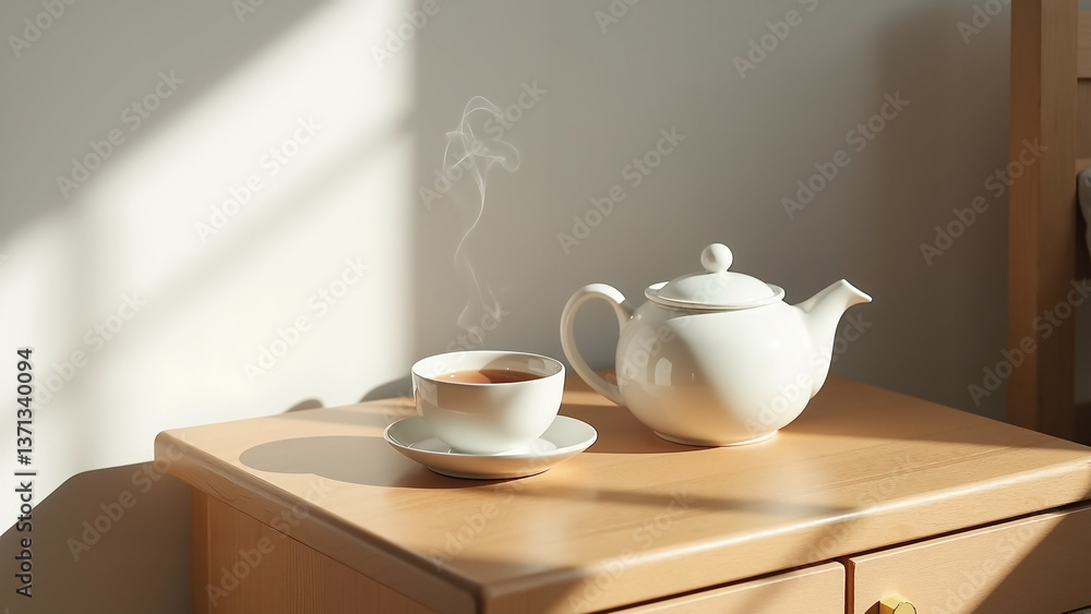 White teapot and steaming teacup on wooden table in morning sunlight minimal interior White teapot and steaming teacup on wooden table in morning sunlight minimal interior