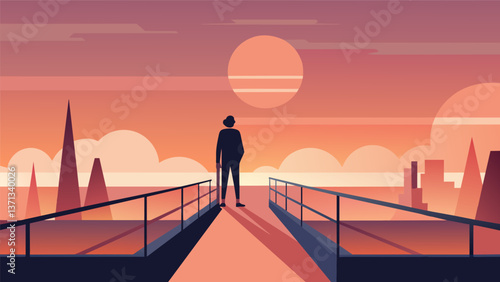 A lone worker stands atop a catwalk silhouetted against the soft oranges and pinks of the early morning sky.. Vector illustration