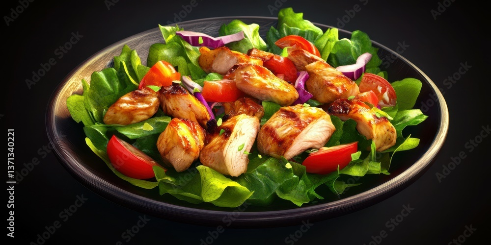 Fresh salad with grilled chicken, tomatoes, and red onions served on a dark plate in a restaurant setting Fresh salad with grilled chicken, tomatoes, and red onions served on a dark plate in a restaurant setting