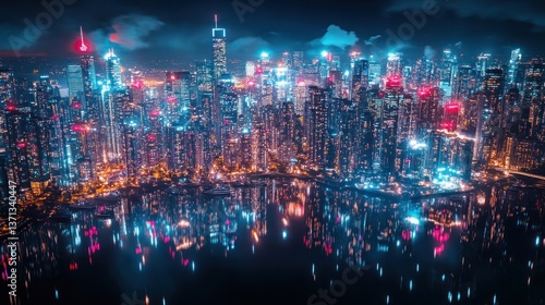 Wallpaper Mural Hong Kong Cityscape at Night, Vibrant Neon Lights, Reflections on Water, Urban Skyline Torontodigital.ca