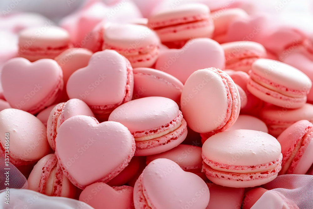 Fototapeta premium Photo of Delicious Pink Macarons and Heart Shaped Pastries Close Up Texture