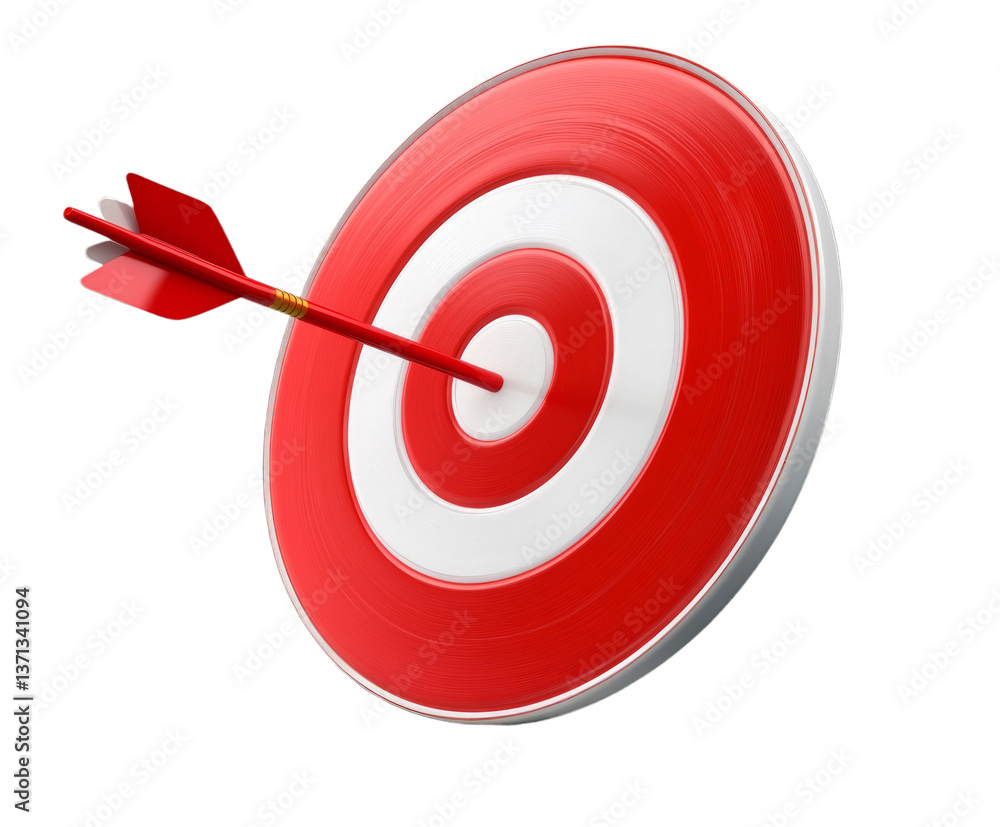 An arrow hits the bullseye of a red and white target, showcasing precision in archery practice. The scene captures the focus and skill required in hitting the exact center An arrow hits the bullseye of a red and white target, showcasing precision in archery practice. The scene captures the focus and skill required in hitting the exact center