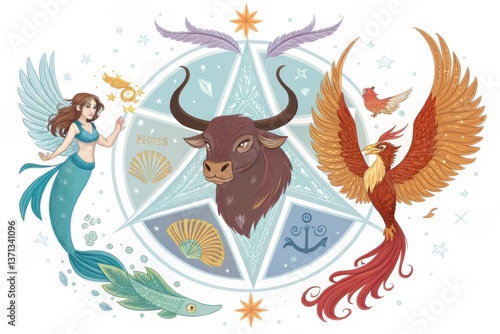 Mythological Creatures Pentagram: Celestial Fantasy Art