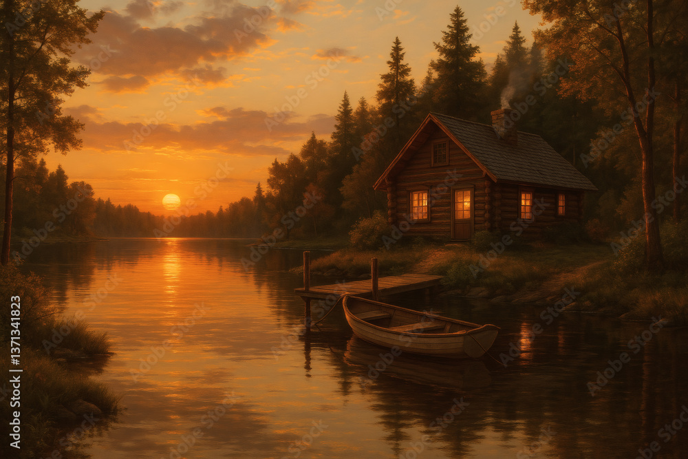 Fototapeta premium Rustic lake cabin at sunset with dock and wooden rowboat