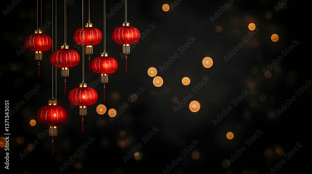 Photo of Red Lanterns Hanging Against a Dark Background with Bokeh Lights Photo of Red Lanterns Hanging Against a Dark Background with Bokeh Lights