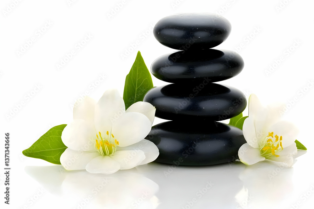 Photo of Stacked Black Spa Stones with White Flowers against White Photo of Stacked Black Spa Stones with White Flowers against White