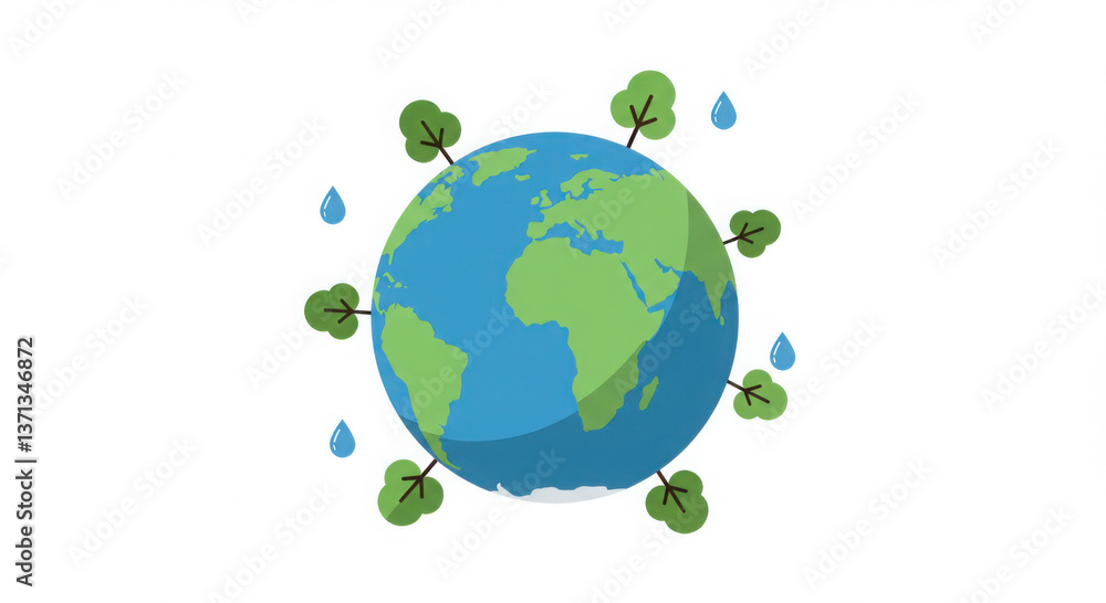Flat vector graphic of global environmental conservation, with trees, water droplets, and planet Earth, isolated on white background Flat vector graphic of global environmental conservation, with trees, water droplets, and planet Earth, isolated on white background