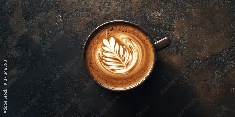 Beautiful latte art displayed in a cup on a dark textured surface in a cozy cafe setting Beautiful latte art displayed in a cup on a dark textured surface in a cozy cafe setting