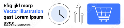 Shopping cart representing e-commerce, clock depicting time, upward arrows for growth. Ideal for business, technology, e-commerce, time management, productivity, marketing simple landing page