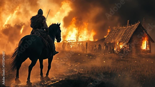 Viking warrior on horseback enters burning village