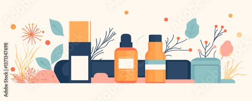 Beauty products on floral background - cosmetic bottles and containers vector