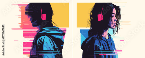 Vibrant glitch art of woman with headphones in split view – vector