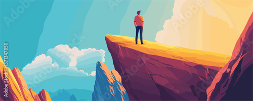 Man on mountain edge contemplating vast horizon in scenic nature - vector