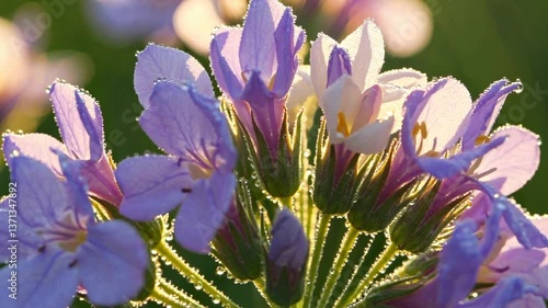 Morning Dew-Kissed Purple Flowers Against Soft Golden Light  