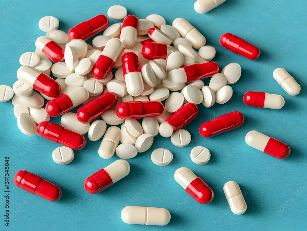 Photo of Scattered Red And White Capsules and Tablets on Blue Surface Photo of Scattered Red And White Capsules and Tablets on Blue Surface