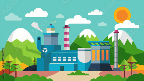 A landscape shot of a wastetoenergy plant proving its ability to harness energy from seemingly useless materials.. Vector illustration