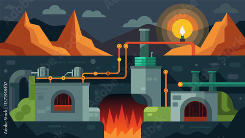 A complex of underground tunnels and chambers utilizing heat from natural geysers to generate electricity.. Vector illustration
