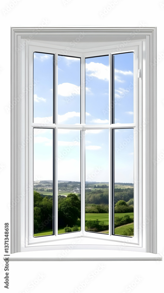Realistic Photo of a White Window with a Sky View and Sunny Daylight Realistic Photo of a White Window with a Sky View and Sunny Daylight