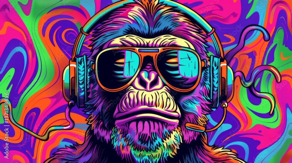 whimsical illustration of cool monkey wearing colorful headphones pop art style vibrant hues playful expression perfect for modern tshirt design or urban street art whimsical illustration of cool monkey wearing colorful headphones pop art style vibrant hues playful expression perfect for modern tshirt design or urban street art