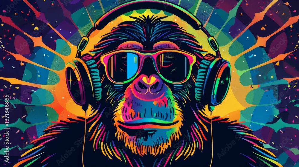 whimsical illustration of cool monkey wearing colorful headphones pop art style vibrant hues playful expression perfect for modern tshirt design or urban street art whimsical illustration of cool monkey wearing colorful headphones pop art style vibrant hues playful expression perfect for modern tshirt design or urban street art