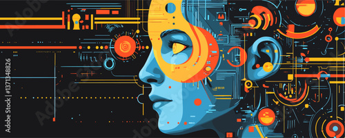 Futuristic woman face with abstract technological elements, digital concept art vector
