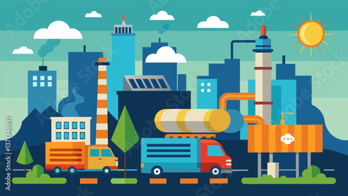 A bustling metropolis is powered by a wastetoenergy plant its heat recovery steam generators converting the heat from burning municipal solid waste. Vector illustration
