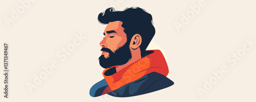 Calm bearded man with closed eyes wearing orange scarf, side profile - vector