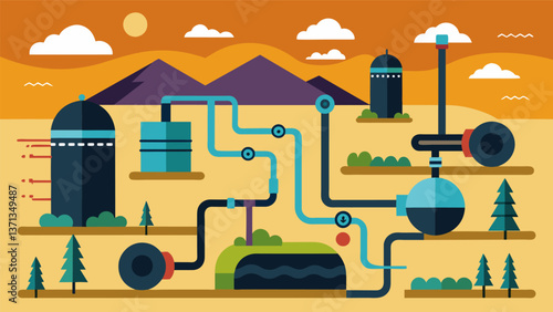 A maze of pipes and tanks weaving through the land and connecting various processing sites handling the tar sands.. Vector illustration