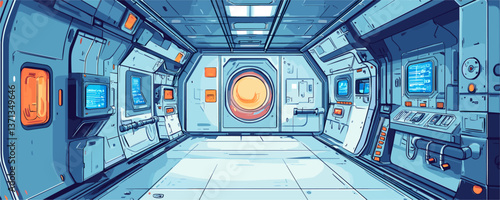 Futuristic space station hallway with advanced technology and control panels - vector