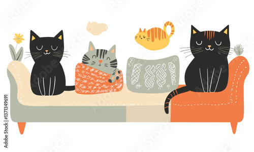 Cozy cats relaxing on a colorful sofa – vector art