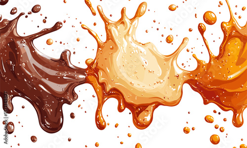 Dynamic splash of chocolate, caramel, and coffee liquids on white background - vector