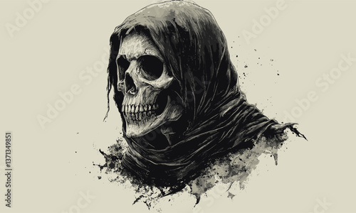 Grim reaper skull in hooded cloak with grunge effects vector