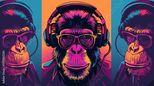 whimsical illustration of cool monkey wearing colorful headphones pop art style vibrant hues playful expression perfect for modern tshirt design or urban street art