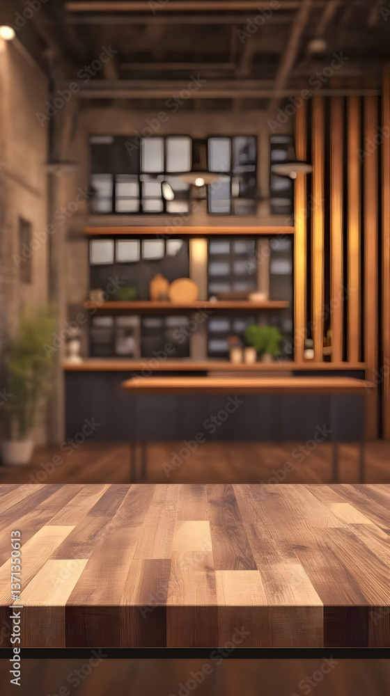 Fototapeta premium Wooden Kitchen Table with Blurred Interior Background Photo