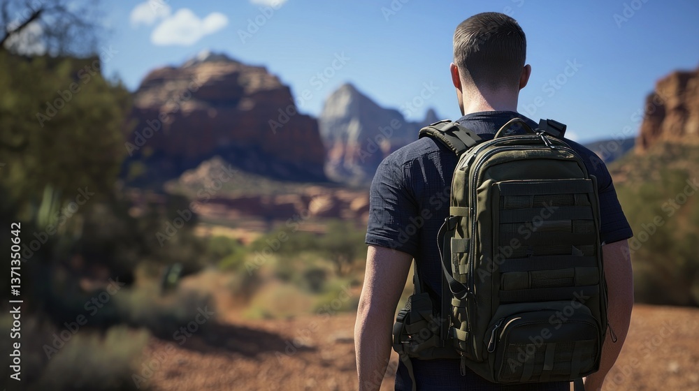 A hiker with a backpack explores a scenic desert landscape under a clear blue sky A hiker with a backpack explores a scenic desert landscape under a clear blue sky