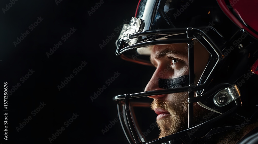 American football player in helmet, intense focus and determination in dramatic portrait American football player in helmet, intense focus and determination in dramatic portrait