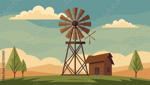 A lone traditional windmill weathered and worn stands as a symbol of the areas rich agricultural past.. Vector illustration