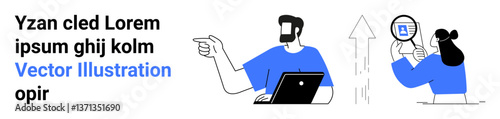 Male working on laptop, pointing at progress chart female examining report. Ideal for teamwork, productivity, analytics, guidance, research, growth monitoring, flat landing page banner