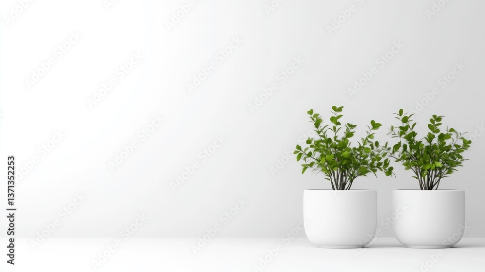 Plants in pots minimalist clean 3D render horizontal simple decor white background Plants in pots minimalist clean 3D render horizontal simple decor white background