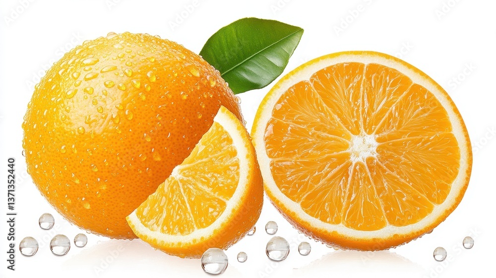 Fototapeta premium Vibrant orange glistening with droplets brings freshness and zest to any setting under bright natural light