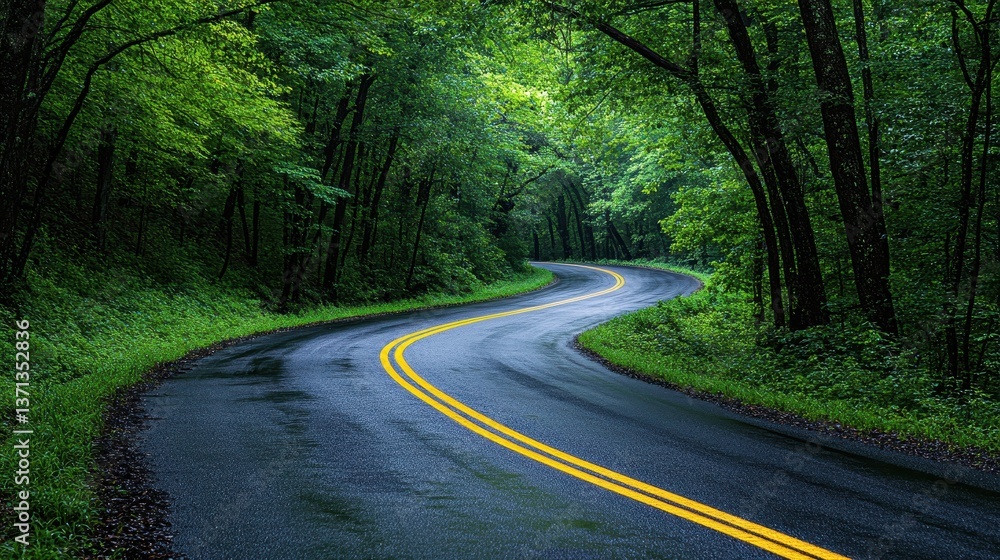 Fototapeta premium Winding road meanders through vibrant green forests, offering a serene escape into nature's beauty and tranquility under a clear sky