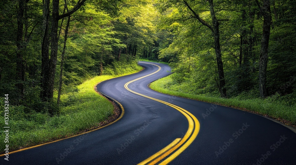 Fototapeta premium Winding road through lush green forests invites exploration and serenity on a tranquil journey beneath vibrant canopies