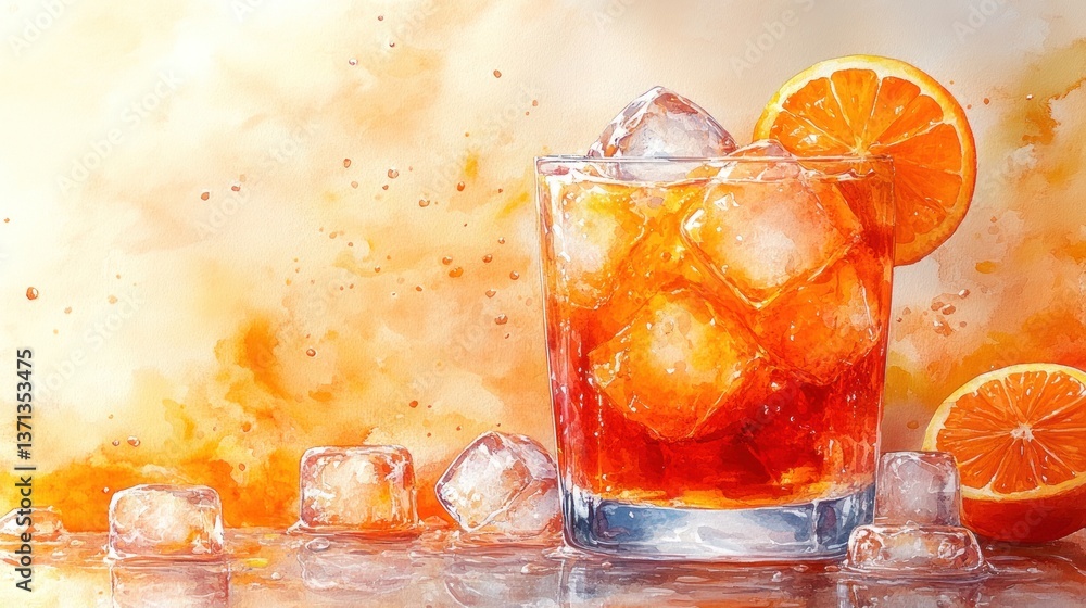 a soft and luminous aquarelle-style illustration of an Aperol Spritz, ice cubes floating in rich orange liquid a soft and luminous aquarelle-style illustration of an Aperol Spritz, ice cubes floating in rich orange liquid