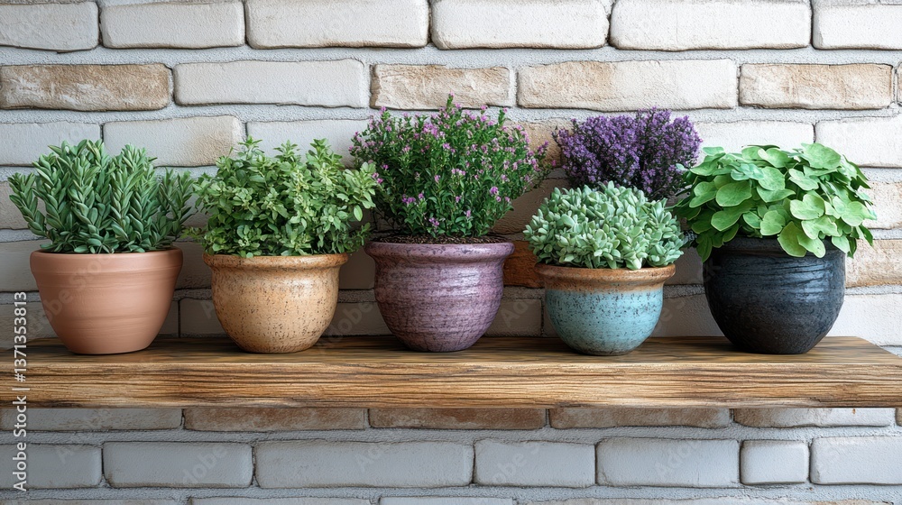 Five potted plants on rustic wooden shelf against a brick wall Five potted plants on rustic wooden shelf against a brick wall