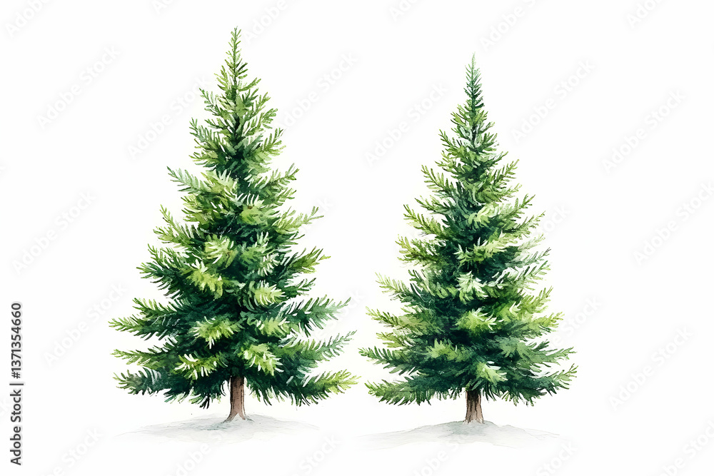 Watercolor Illustration of Two Isolated Green Pine Trees on White Background Watercolor Illustration of Two Isolated Green Pine Trees on White Background